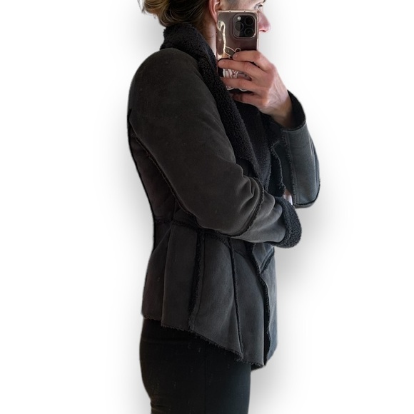 Prana Gray/Black Faux Suede shearling Lined Jacket Open Front draped townie XS/S - Picture 11 of 11